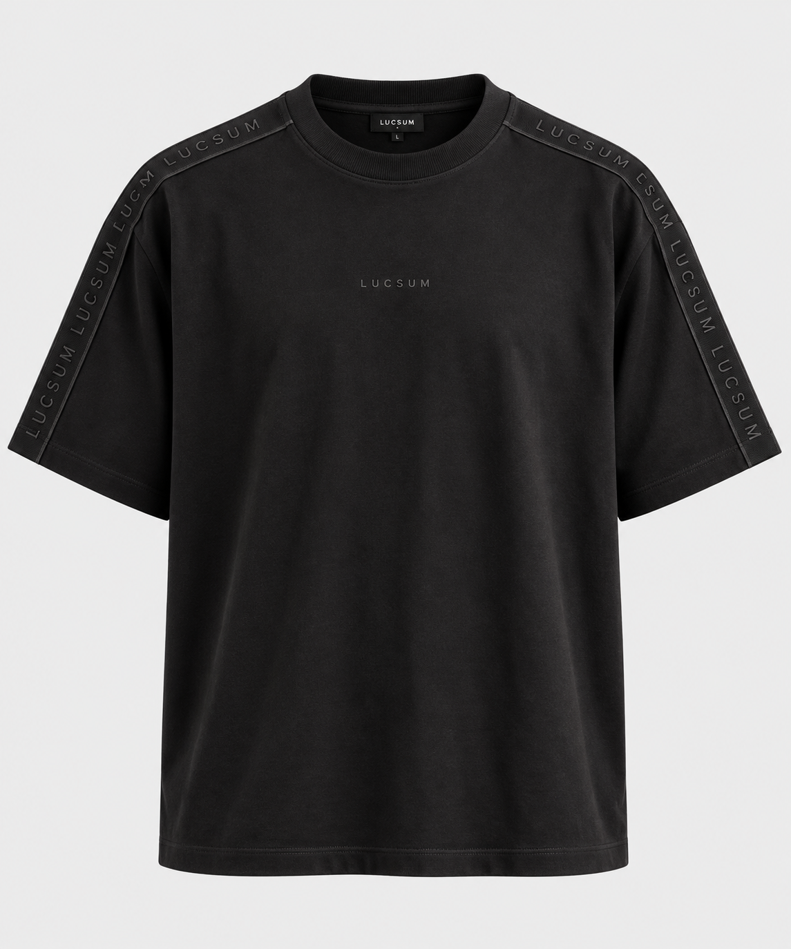 LUCSUM branded tape detail on oversized tee
