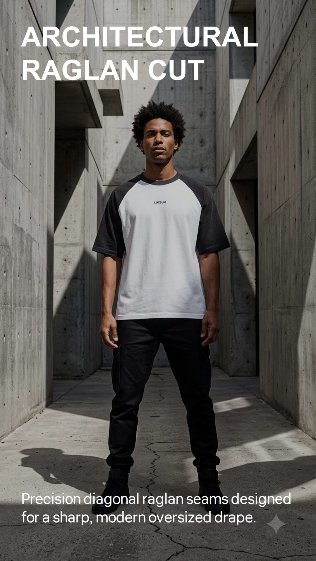 Marketing creative — Lucsum Raglan Baseball Black/White — Architectural Raglan Cut