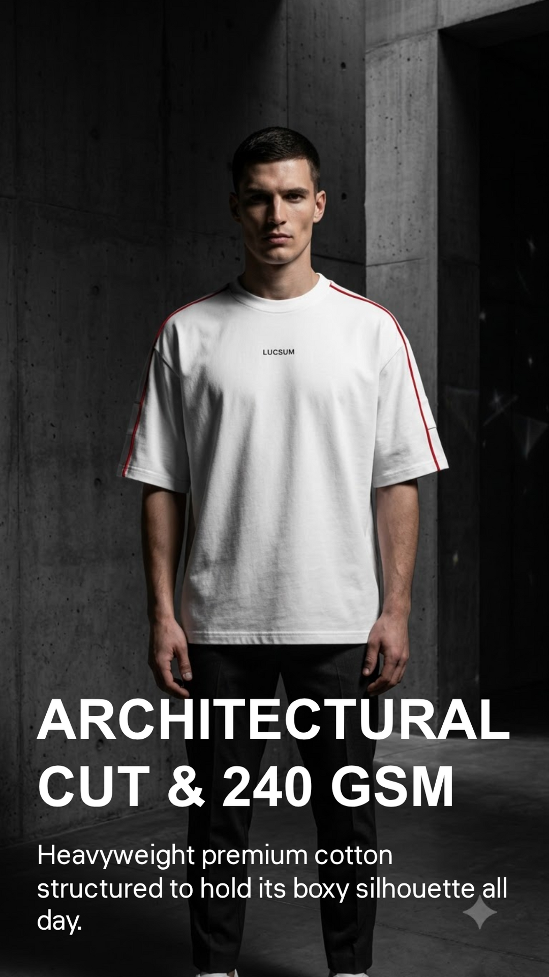 Marketing creative — Lucsum Contrast Panel White — architectural cut 240gsm