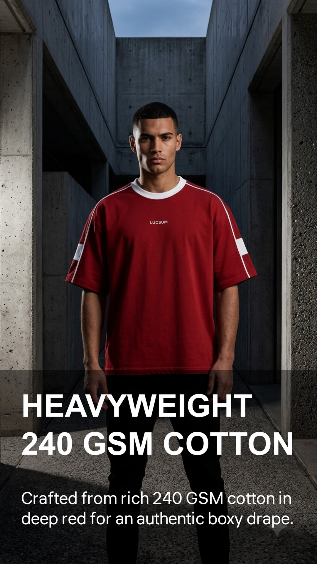 Marketing creative — Lucsum Contrast Panel Red — heavyweight 240gsm cotton