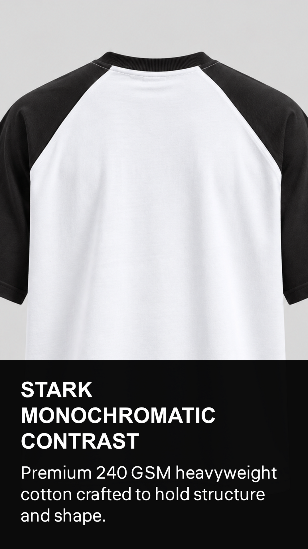 Marketing creative — Lucsum Raglan Baseball Black/White — Stark Monochromatic Contrast