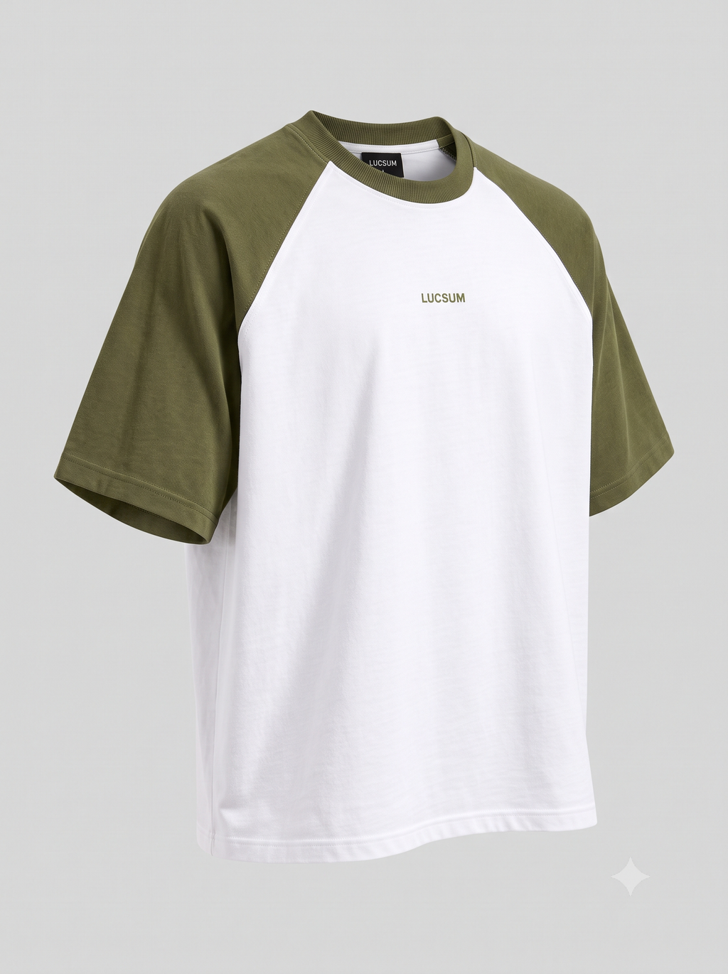 Lucsum Raglan Baseball Olive/White — Three-quarter view