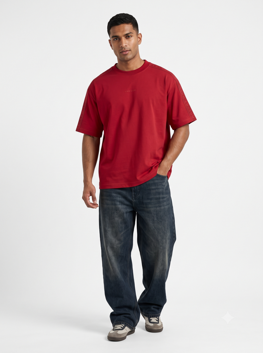 Lucsum Branded Tape Red — On-model view