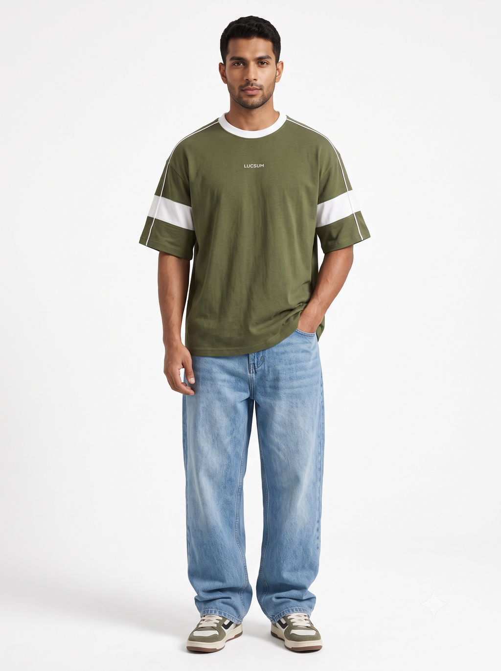 Lucsum Contrast Panel Olive — On-model view