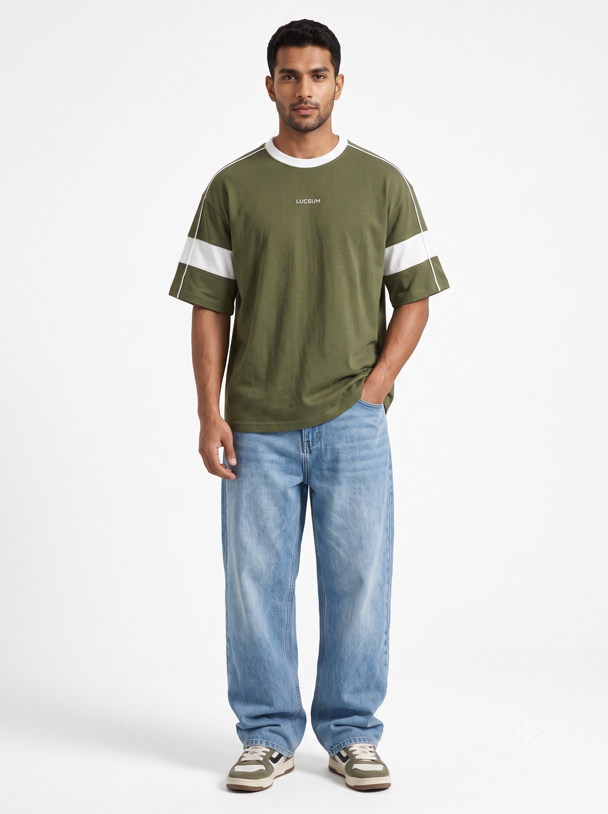 Lucsum Contrast Panel Olive — On-model view
