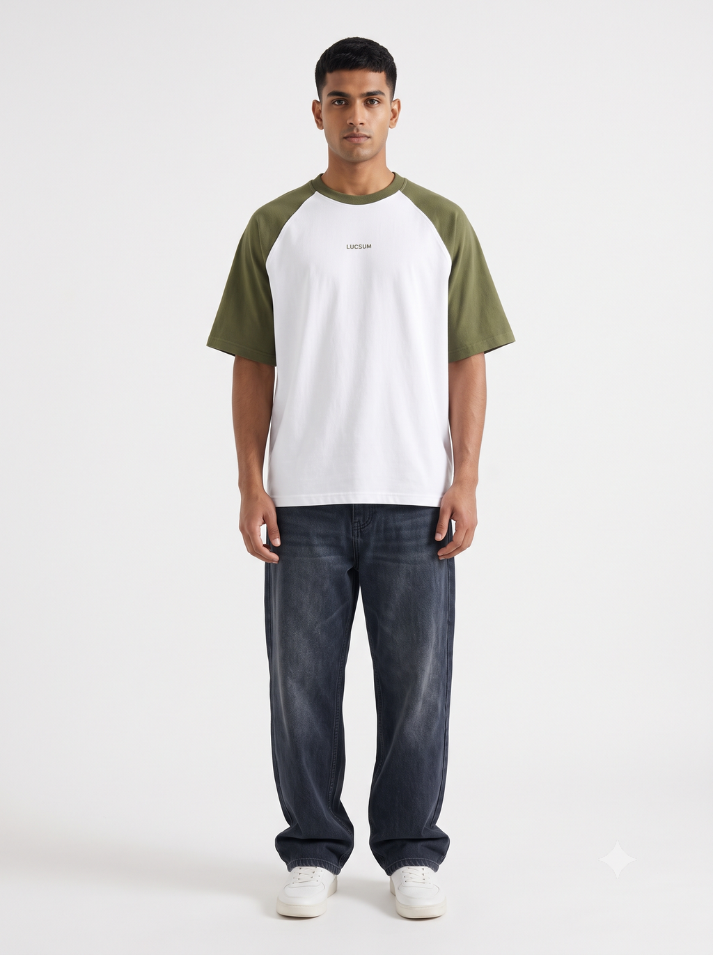 Lucsum Raglan Baseball Olive/White — On-model view