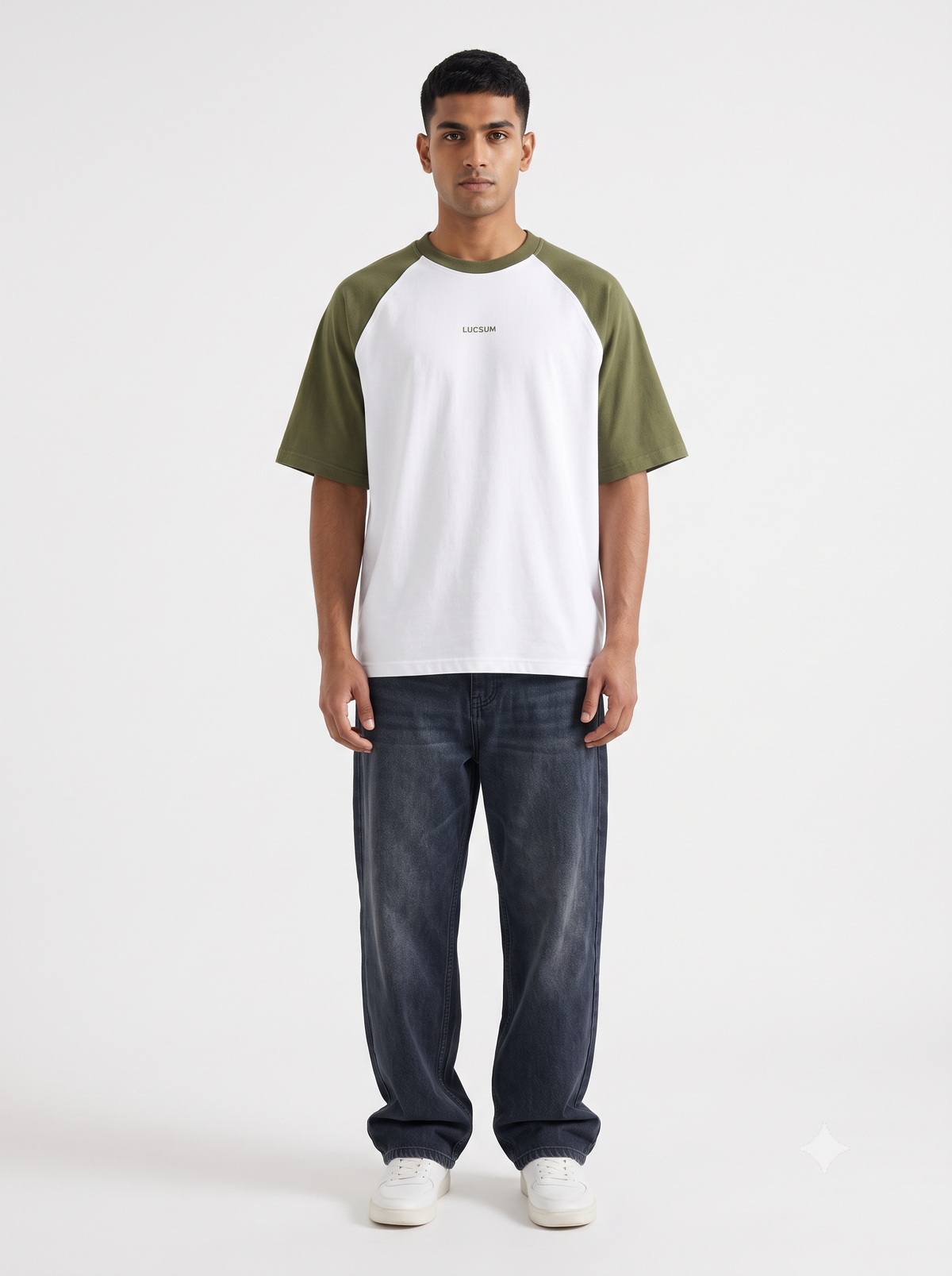 Lucsum Raglan Baseball Olive/White — On-model view