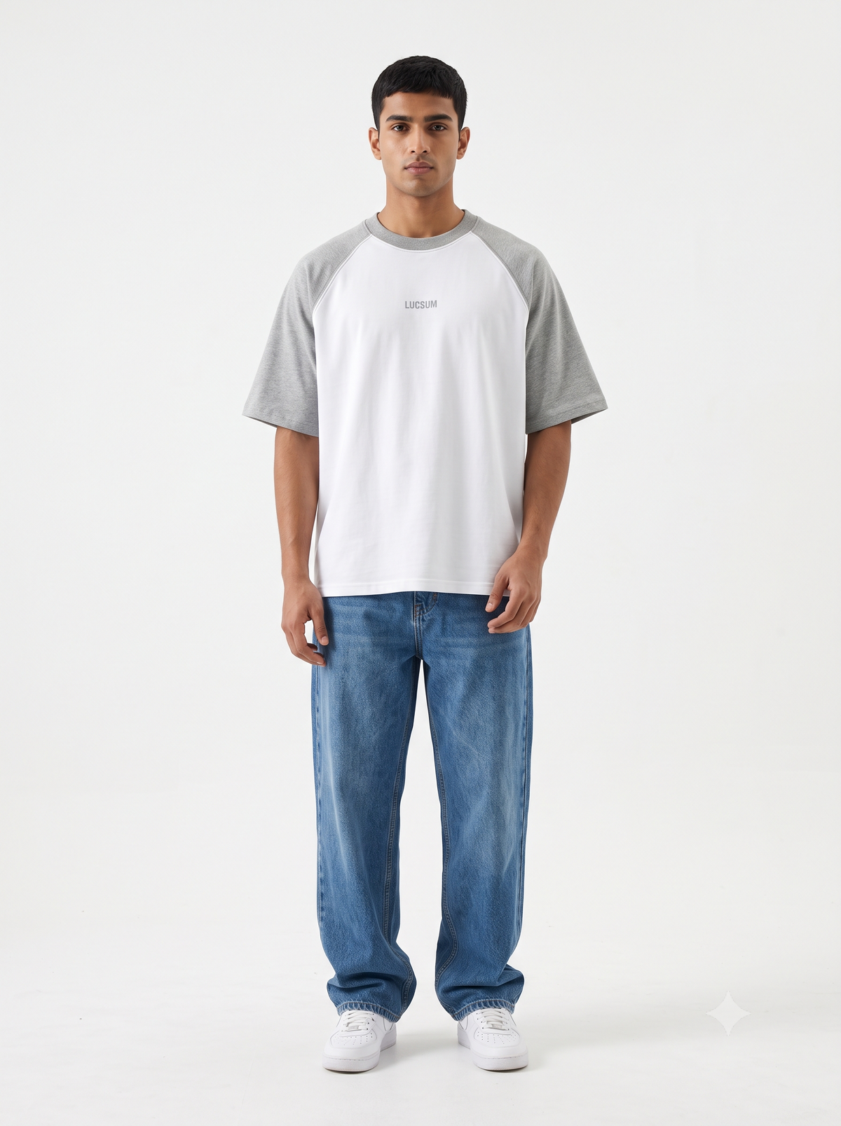 Lucsum Raglan Baseball Grey/White — On-model view