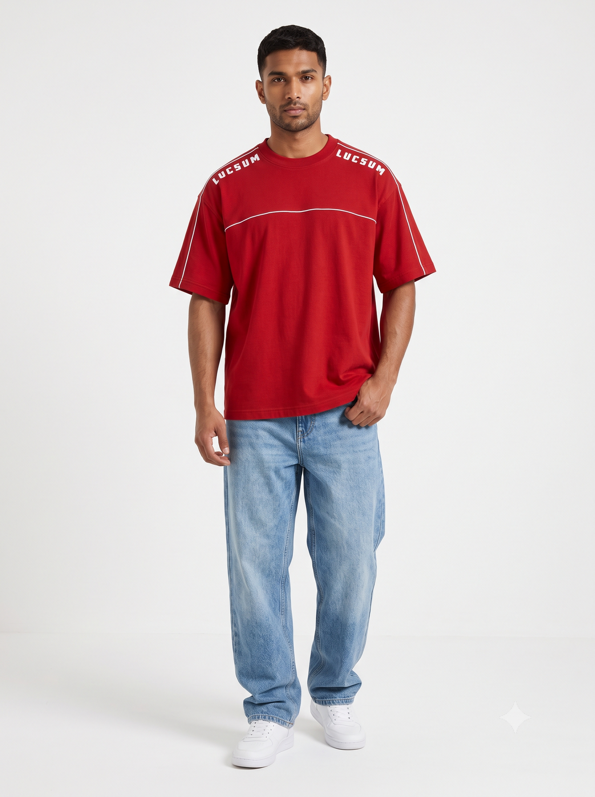 Lucsum Shoulder Logo Red — On-model view