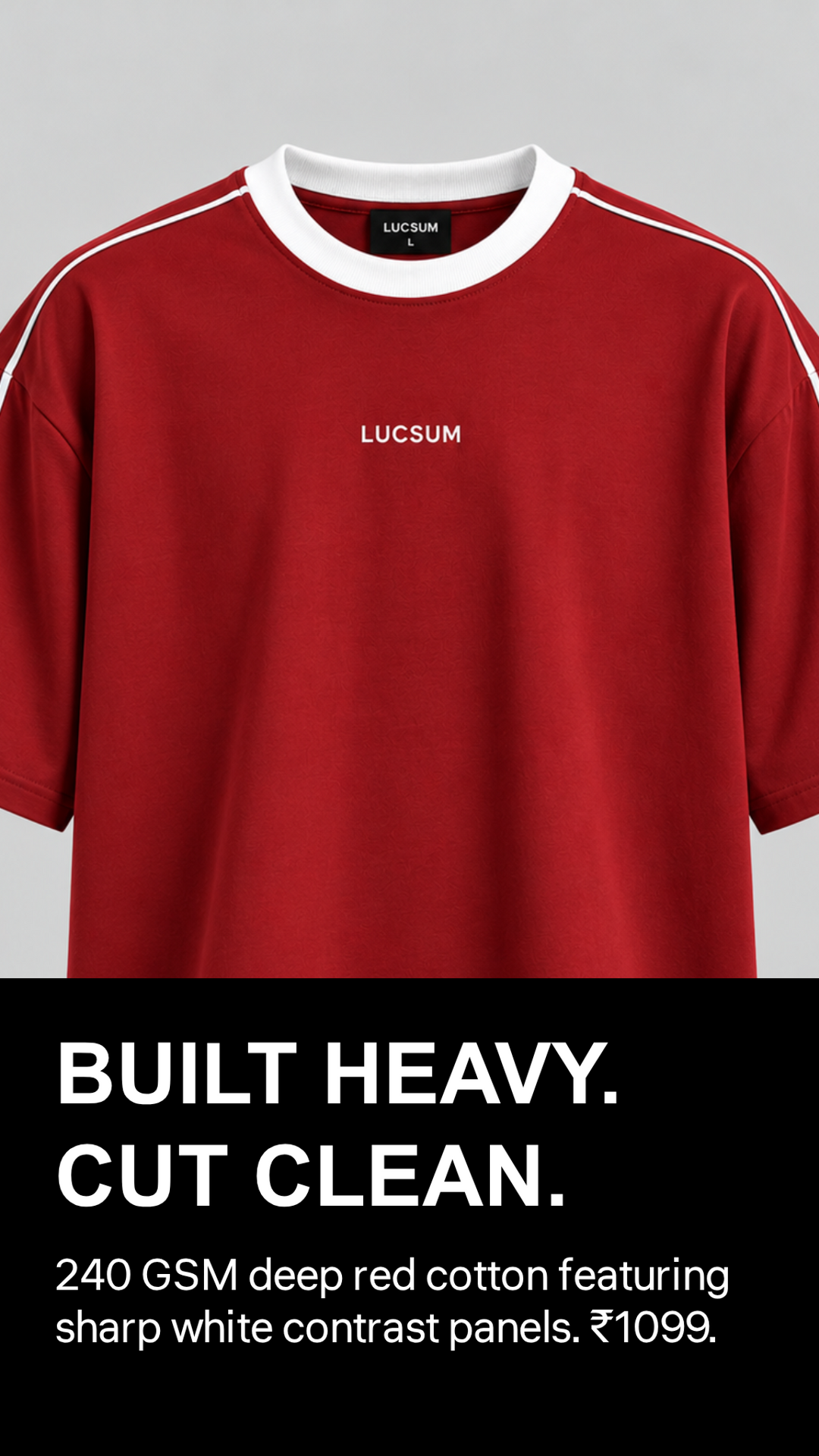 Marketing creative — Lucsum Contrast Panel Red — built heavy cut clean 1099