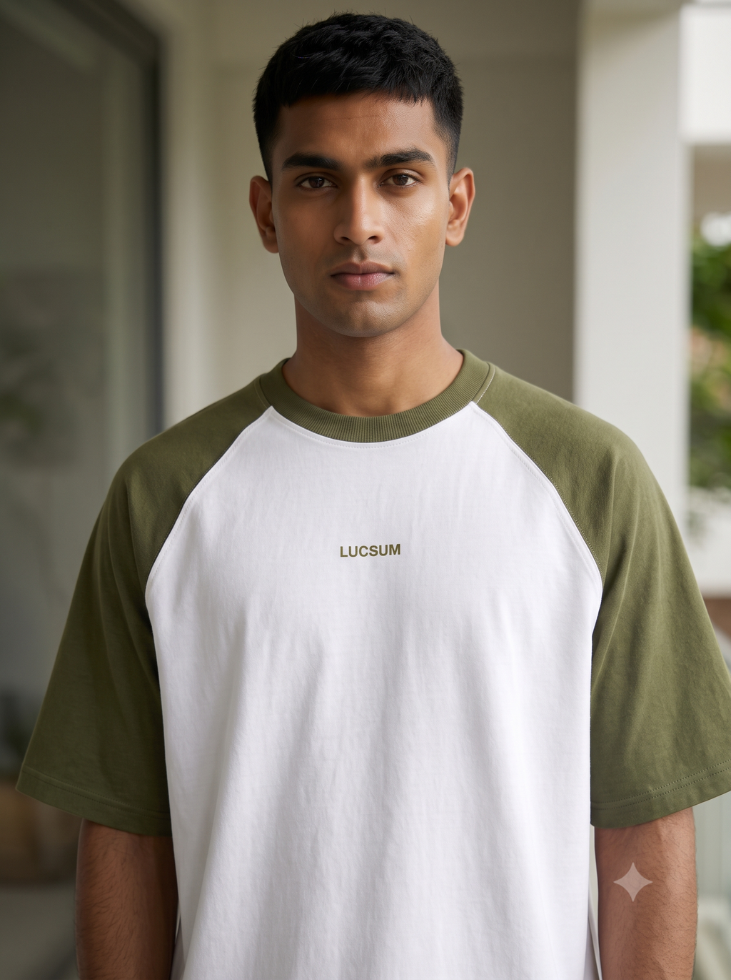 Lucsum Raglan Baseball Olive/White — Lifestyle view