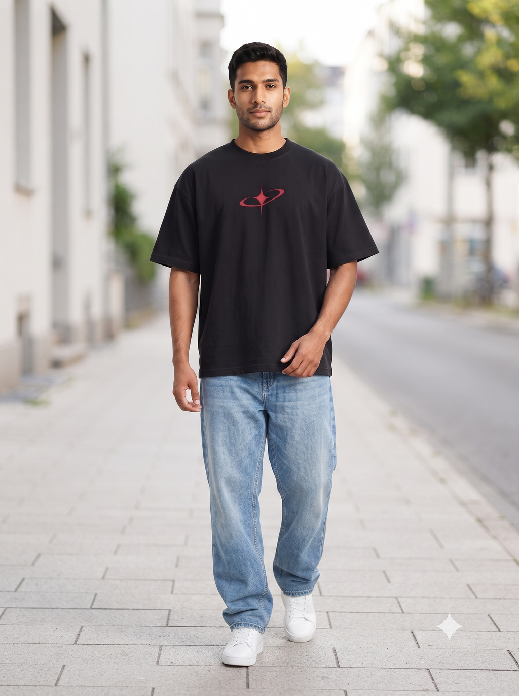 Lucsum Celestial Graphic Black oversized tee, lifestyle view