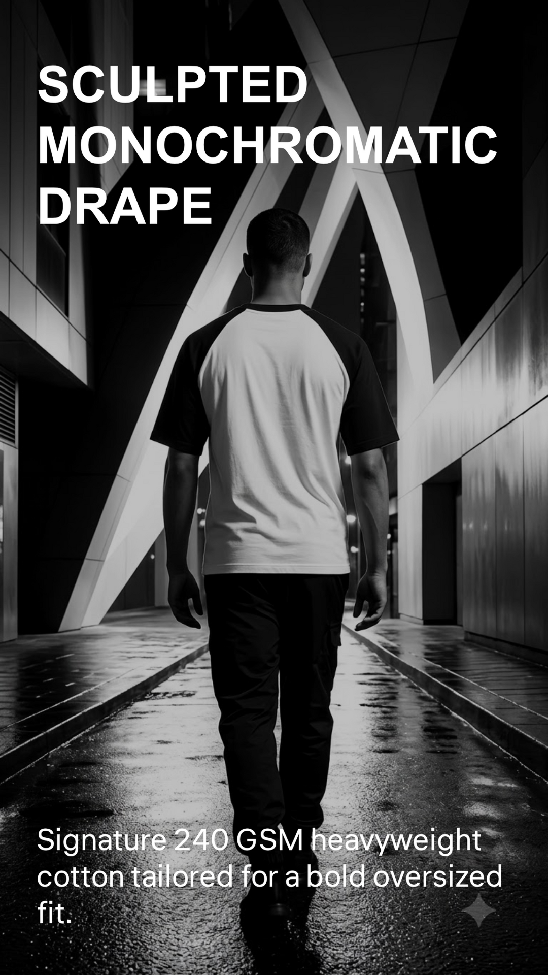 Marketing creative — Lucsum Raglan Baseball Black/White — Sculpted Monochromatic Drape