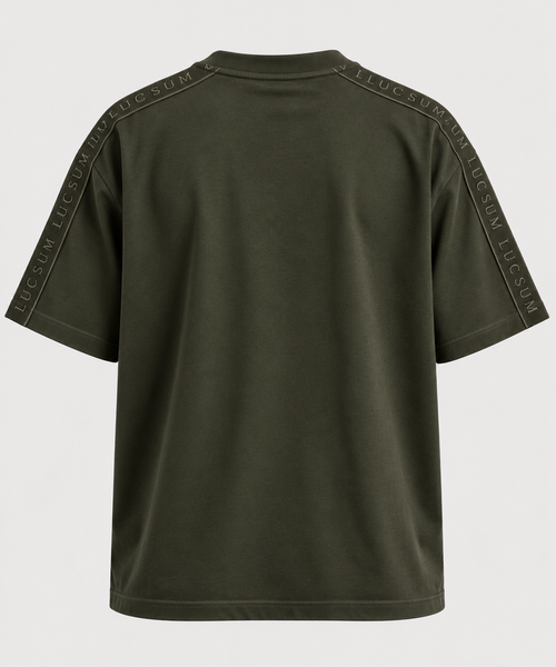 Lucsum Branded Tape T-shirt in Olive — back view with LUCSUM shoulder tape