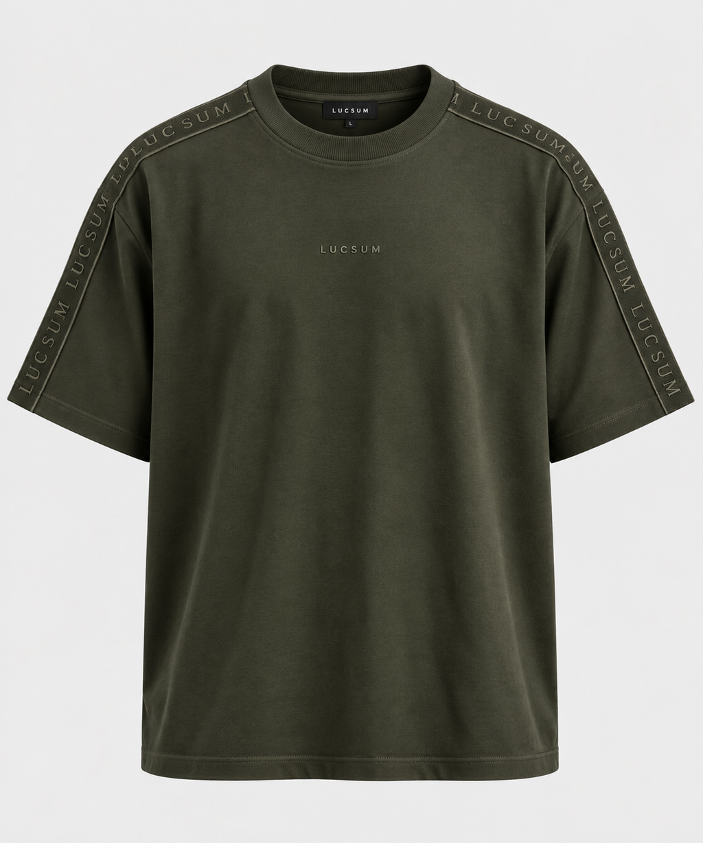 Lucsum Branded Tape T-shirt in Olive — front view with tonal LUCSUM shoulder tape