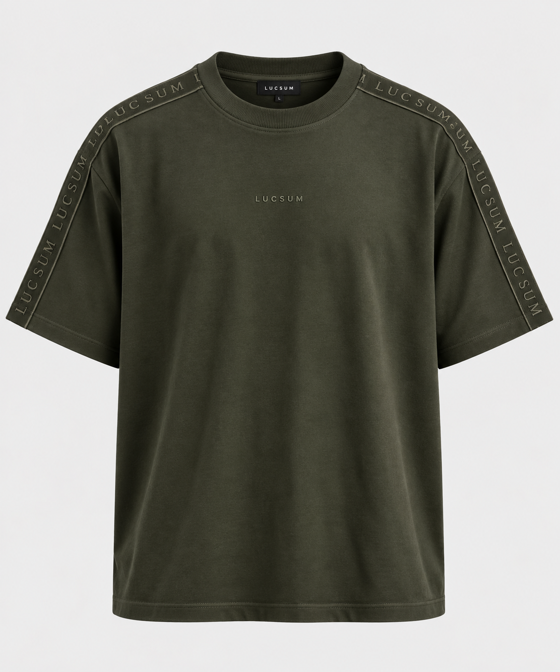 Lucsum Branded Tape T-shirt in Olive — front view with tonal LUCSUM shoulder tape