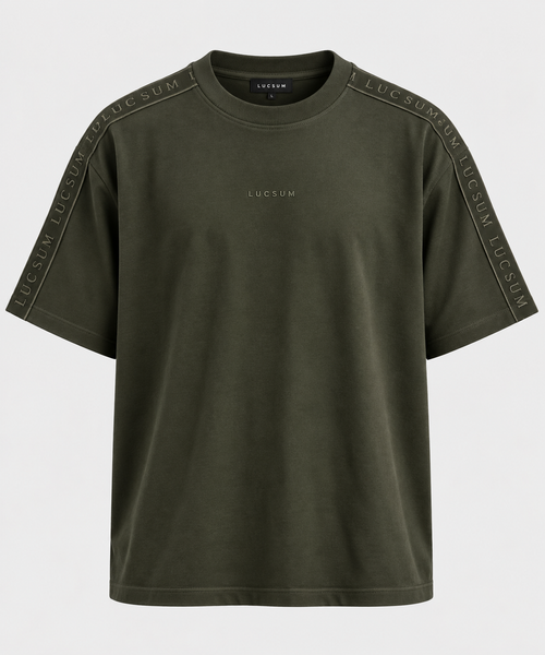 Lucsum Branded Tape T-shirt in Olive — front view with tonal LUCSUM shoulder tape