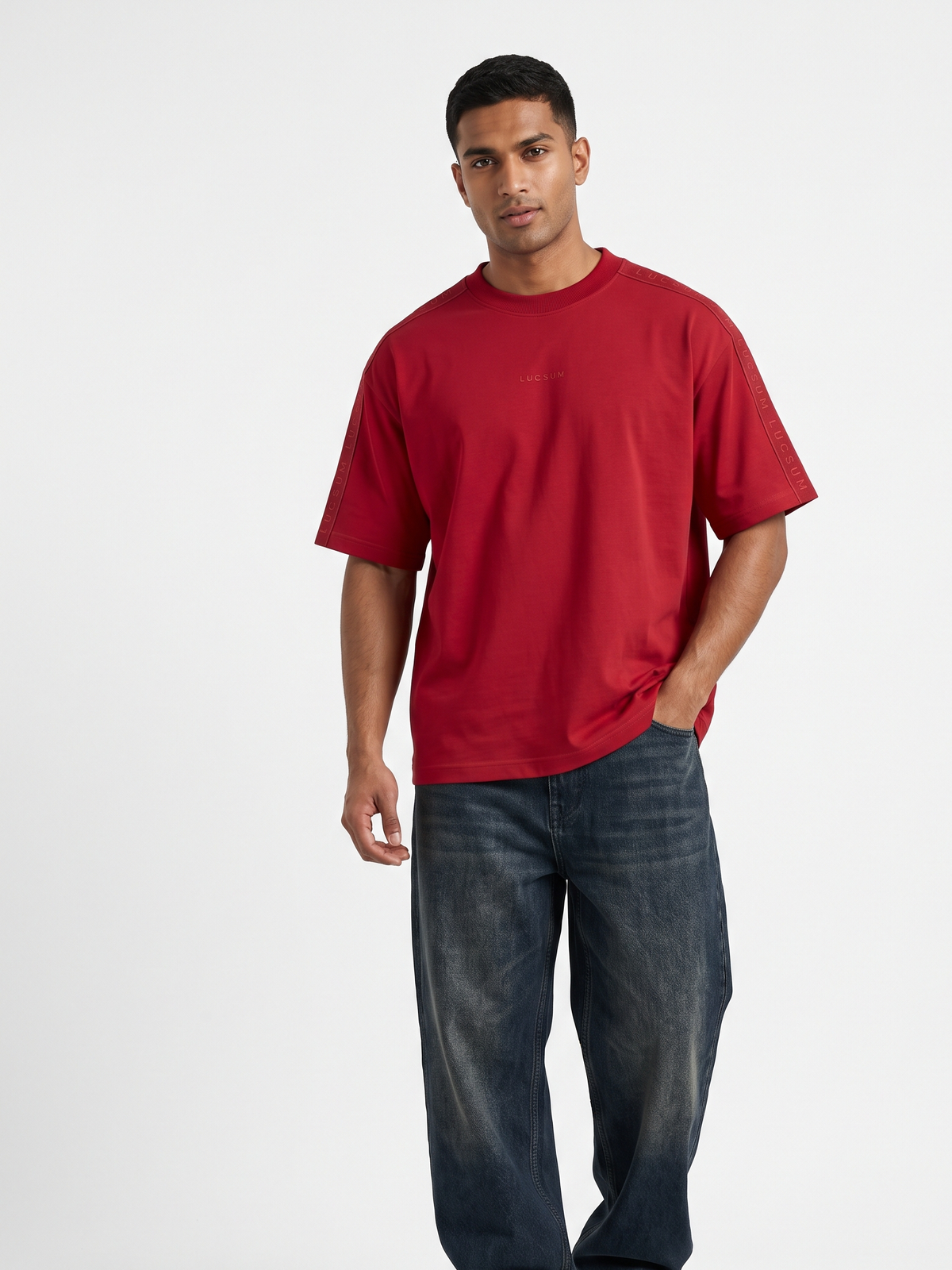 Lucsum Branded Tape Red — On-model view