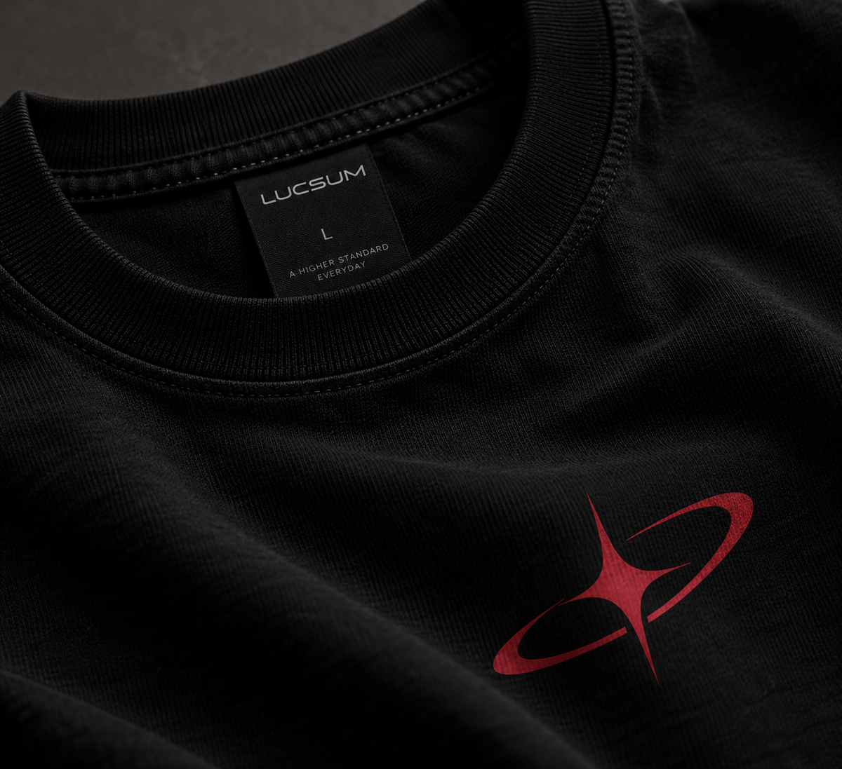 Lucsum Celestial Graphic Black oversized tee, macro detail of chest graphic