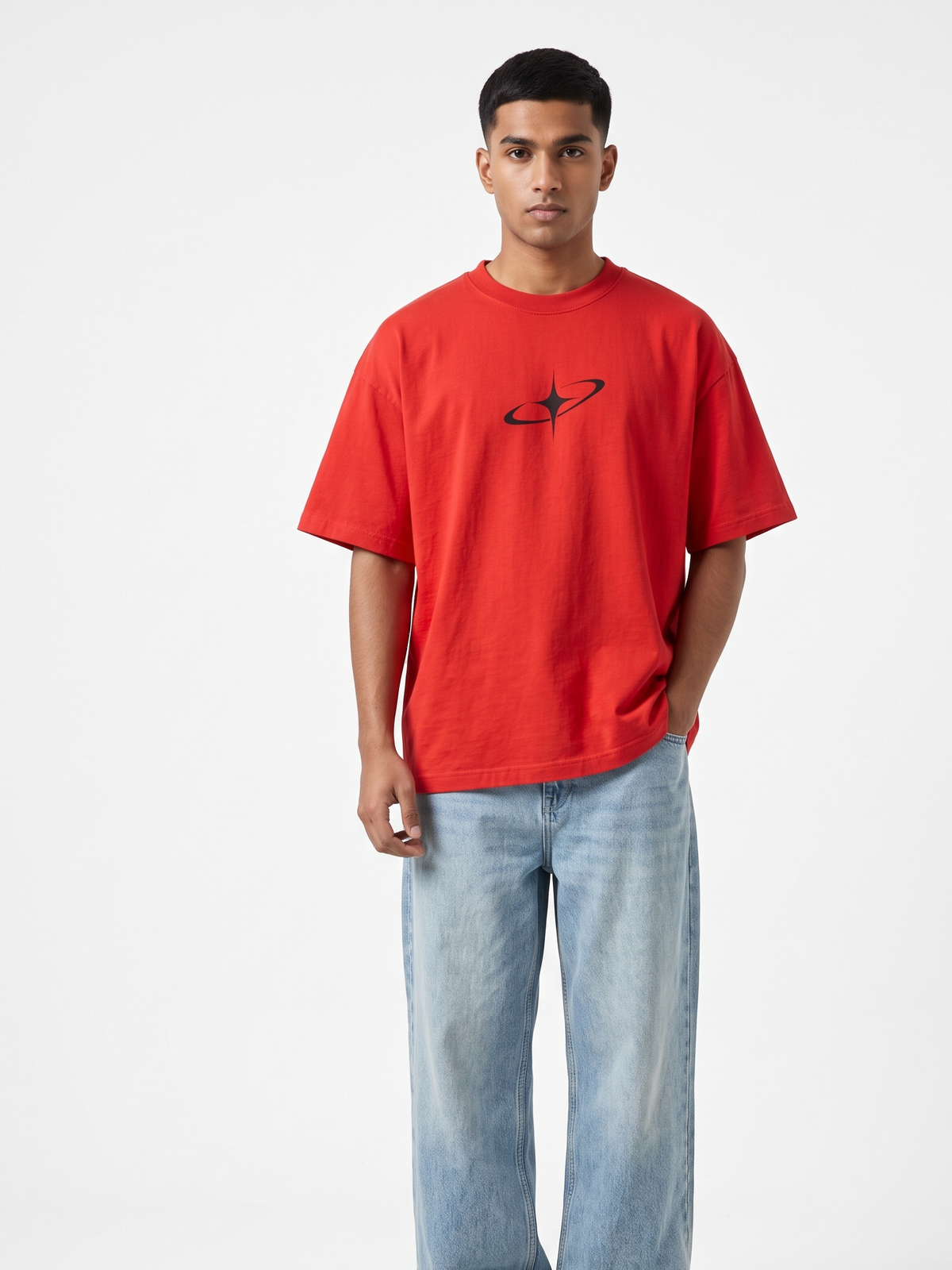 Lucsum Celestial Graphic Red — On-model view
