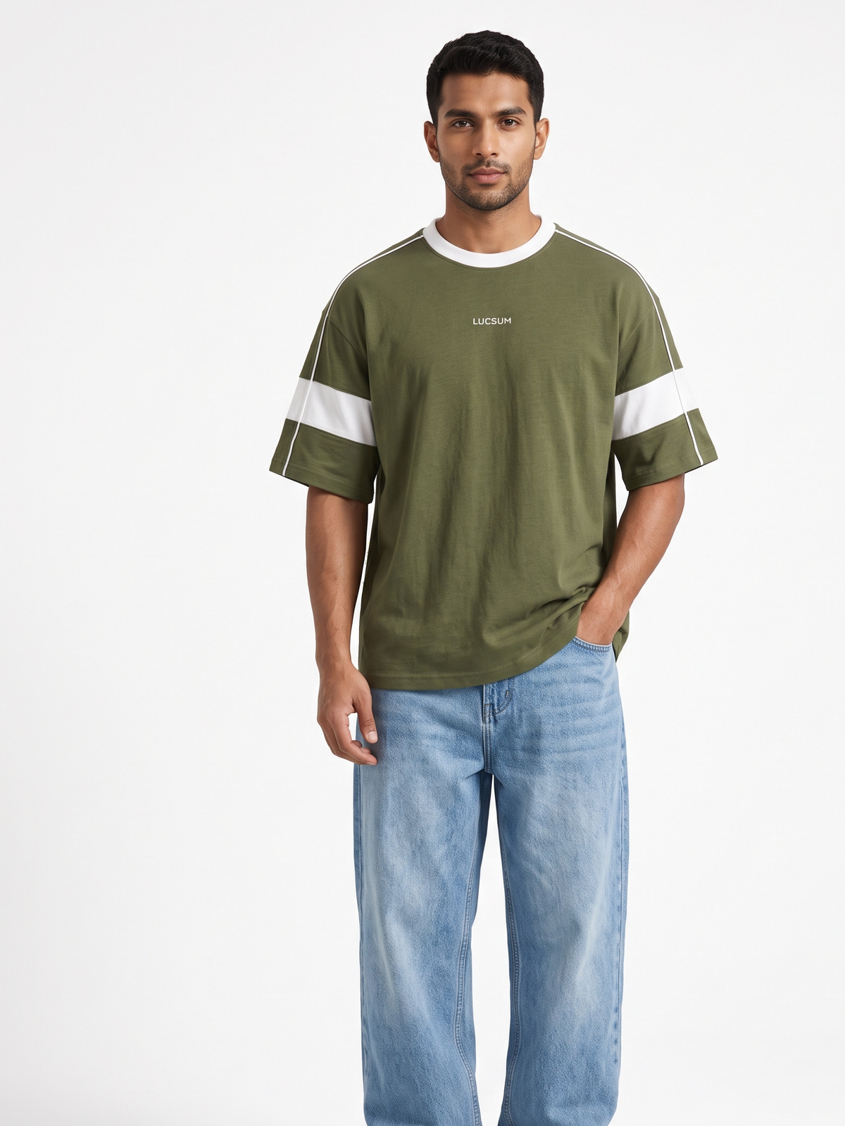Lucsum Contrast Panel Olive — On-model view