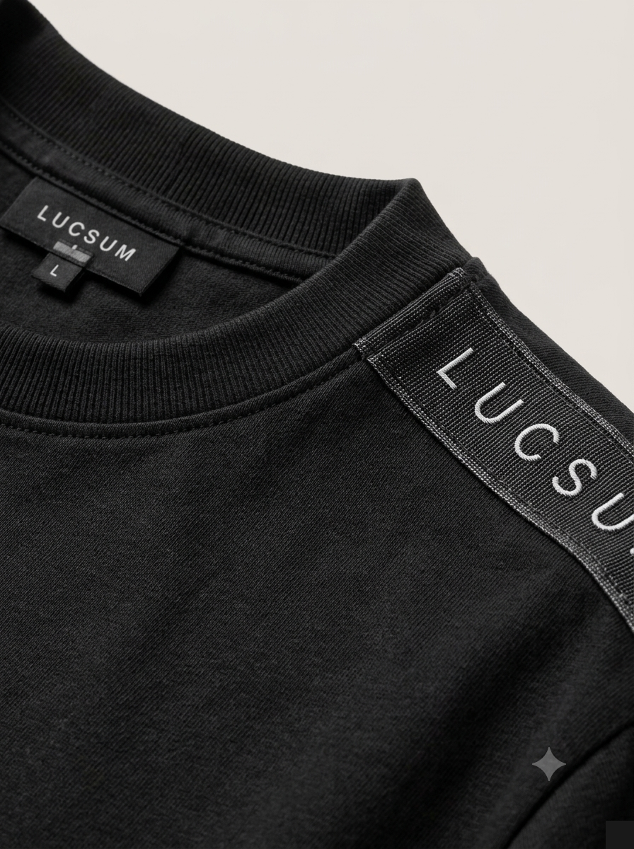Macro neck tape detail — Black Branded Tape