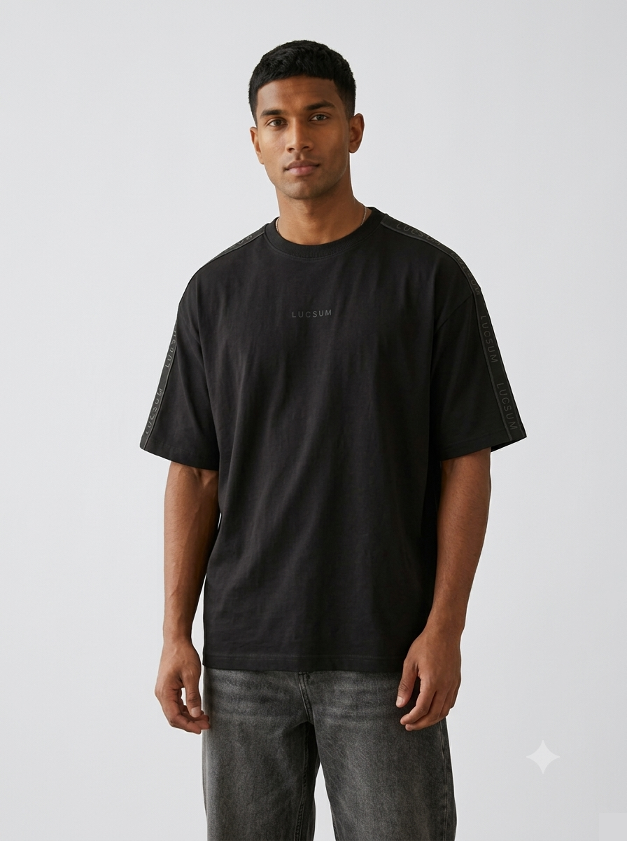 On-model oversized fit — Black Branded Tape