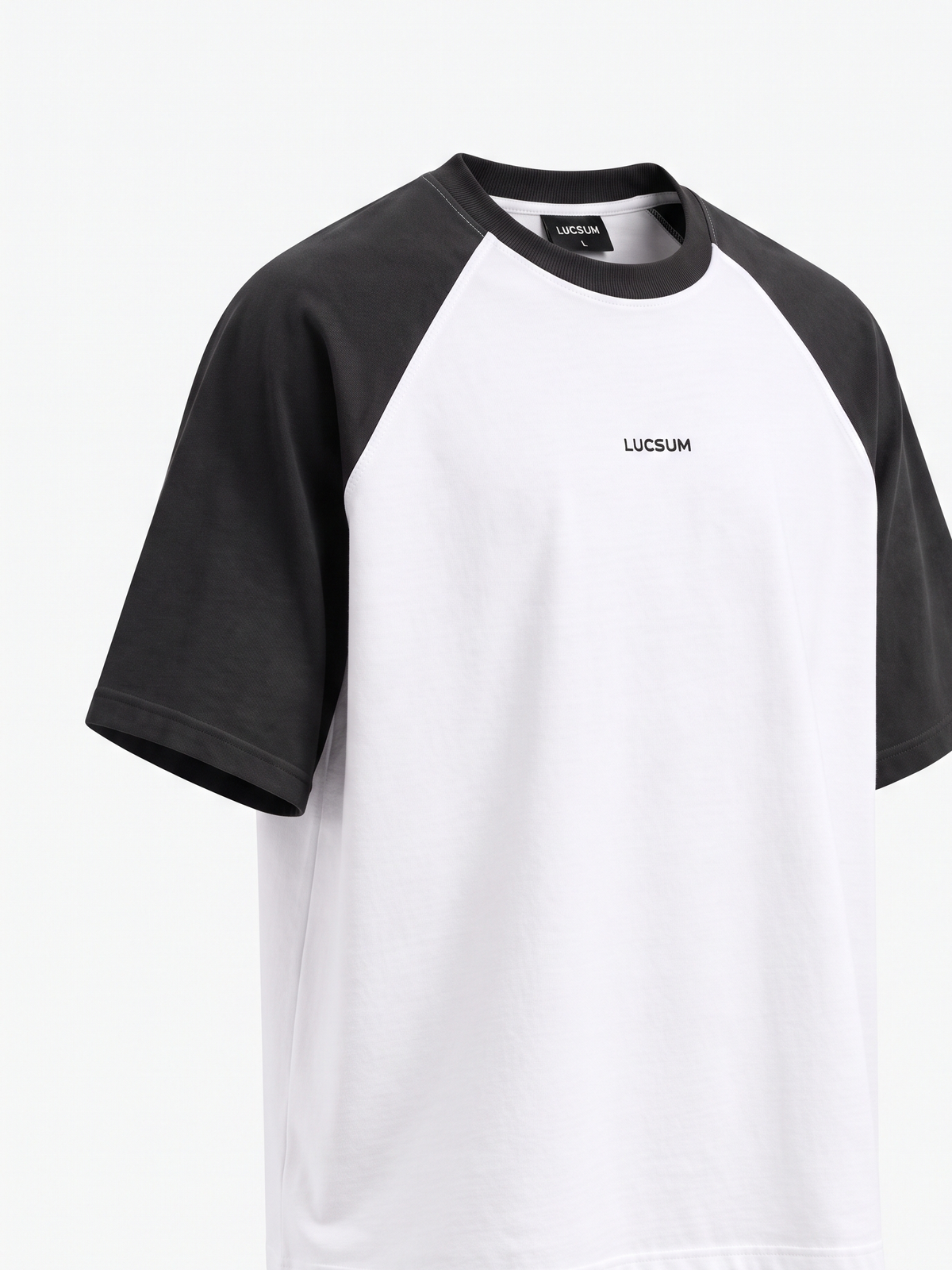 Lucsum Raglan Baseball Black/White oversized tee, three-quarter view