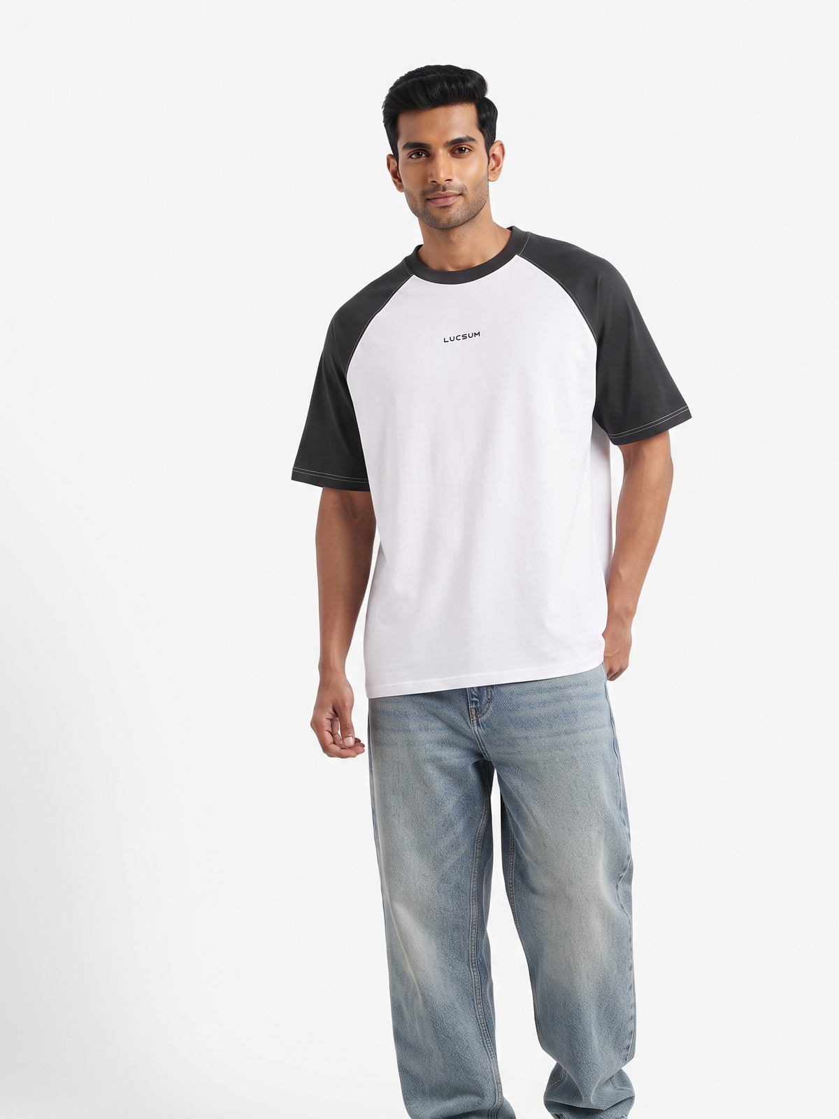 Model wearing Lucsum Raglan Baseball Black/White oversized tee