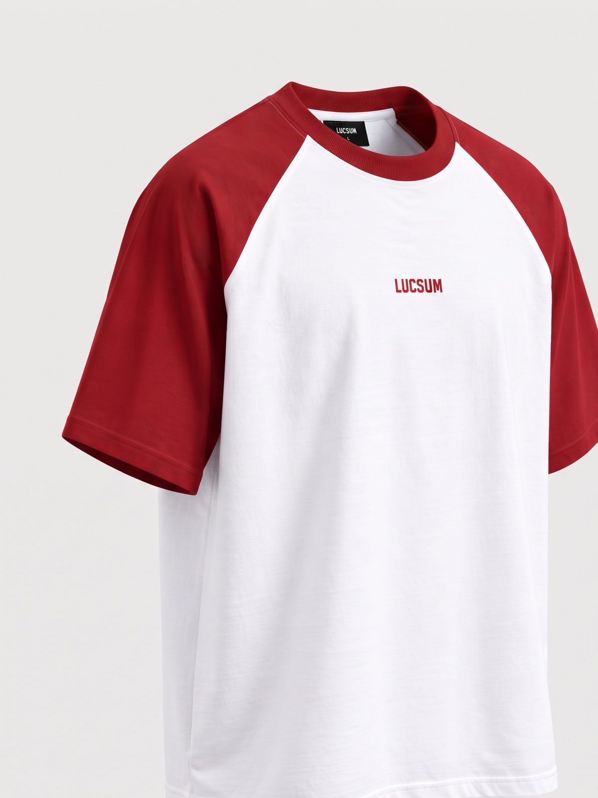 Lucsum Raglan Baseball Maroon/White oversized tee, three-quarter view