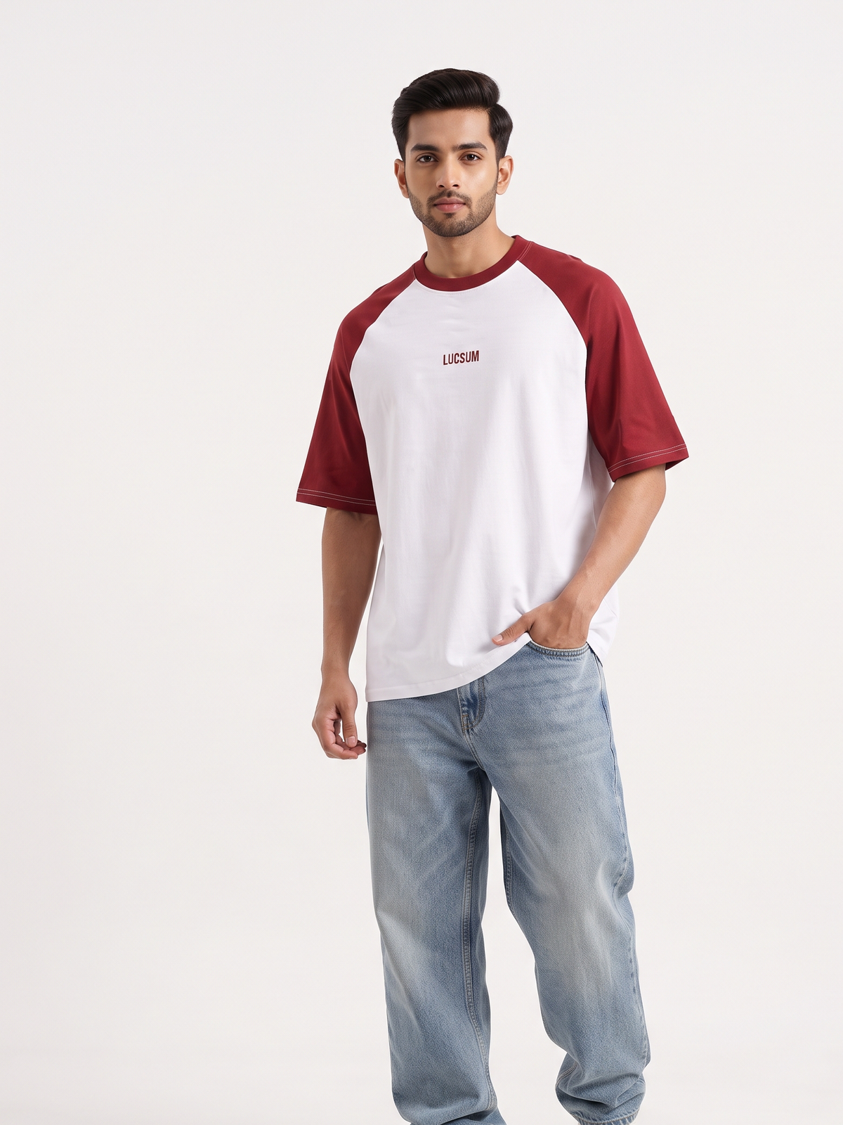 Model wearing Lucsum Raglan Baseball Maroon/White oversized tee
