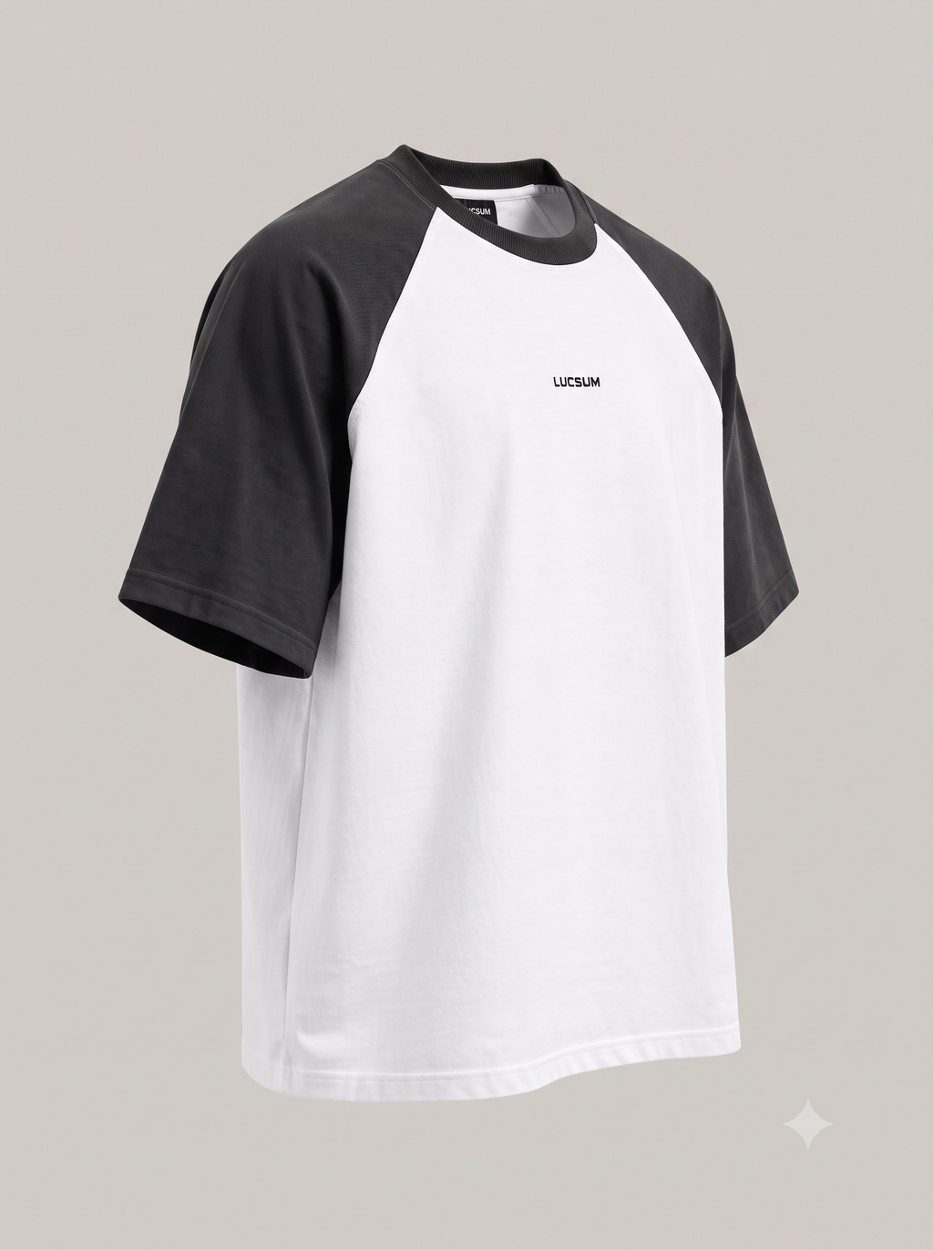 Lucsum Raglan white oversized tee with charcoal sleeves and collar, three-quarter view