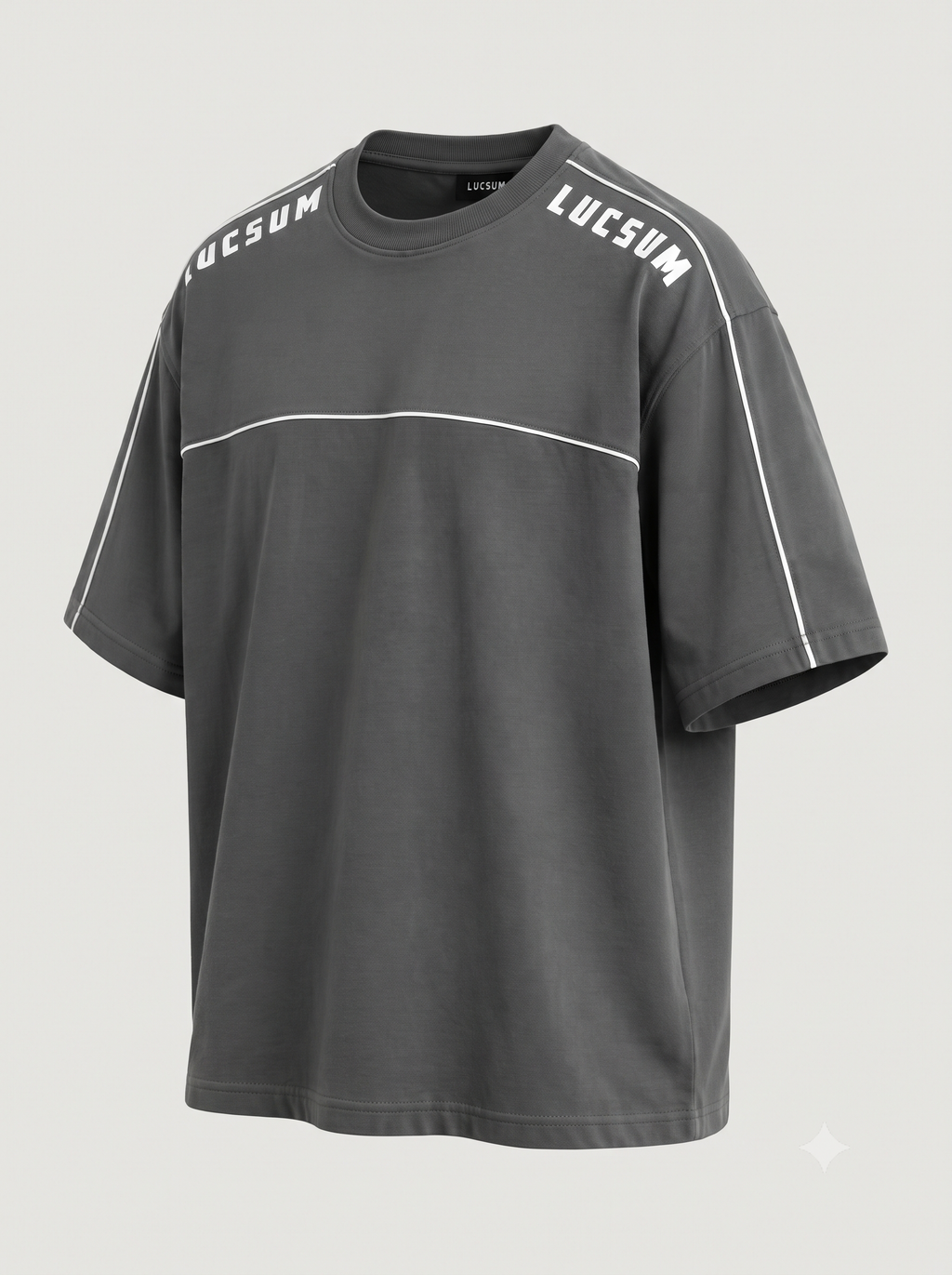 Lucsum Shoulder Logo Charcoal oversized tee, three-quarter view