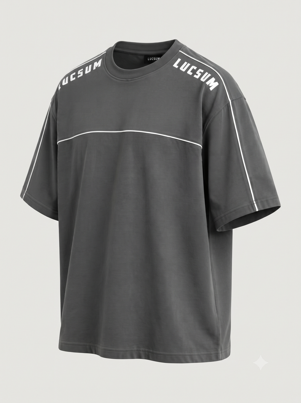 Lucsum Shoulder Logo Charcoal oversized tee, three-quarter view